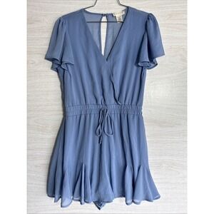 Altar'd State Blue Romper V Neck Flutter Sleeves & Shorts Cinch Tie Waist Sz M